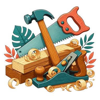 Hand-drawn carpenter tools and timber