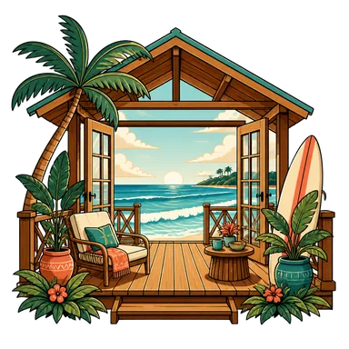 Hand-drawn timber verandah looking out to the ocean