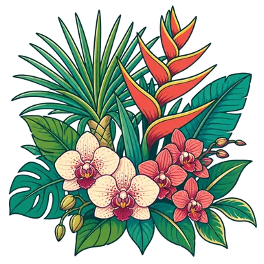 Hand-drawn pandanus, heliconias and orchids